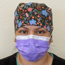 Load image into Gallery viewer, Surgical Cap Ponytail Style - Black with Multicolor Flowers