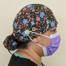 Load image into Gallery viewer, Surgical Cap Ponytail Style - Black with Multicolor Flowers