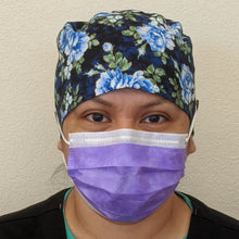 Load image into Gallery viewer, Surgical Cap Ponytail Style - Deep Blue Roses with Gold Accent