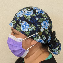Load image into Gallery viewer, Surgical Cap Ponytail Style - Deep Blue Roses with Gold Accent
