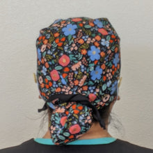 Load image into Gallery viewer, Surgical Cap Ponytail Style - Black with Multicolor Flowers