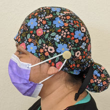 Load image into Gallery viewer, Surgical Cap Ponytail Style - Black with Multicolor Flowers
