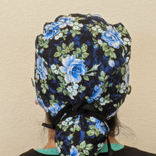 Load image into Gallery viewer, Surgical Cap Ponytail Style - Deep Blue Roses with Gold Accent
