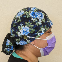 Load image into Gallery viewer, Surgical Cap Ponytail Style - Deep Blue Roses with Gold Accent
