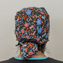 Load image into Gallery viewer, Surgical Cap Ponytail Style - Black with Multicolor Flowers
