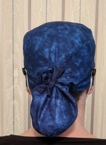 Surgical Cap Ponytail Style - Blue with Dark Blue Smudge Print