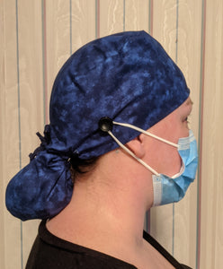Surgical Cap Ponytail Style - Blue with Dark Blue Smudge Print